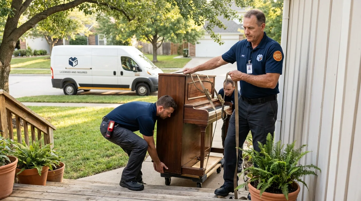 Licensed piano movers securing grand piano in Wellsville, UT