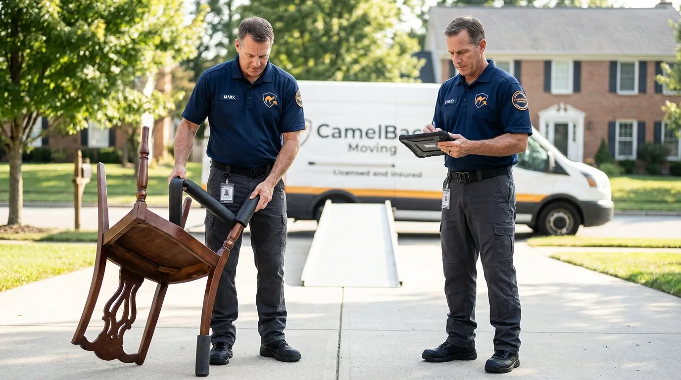 Movers inspecting furniture for damage prevention before loading in Wellsville, UT