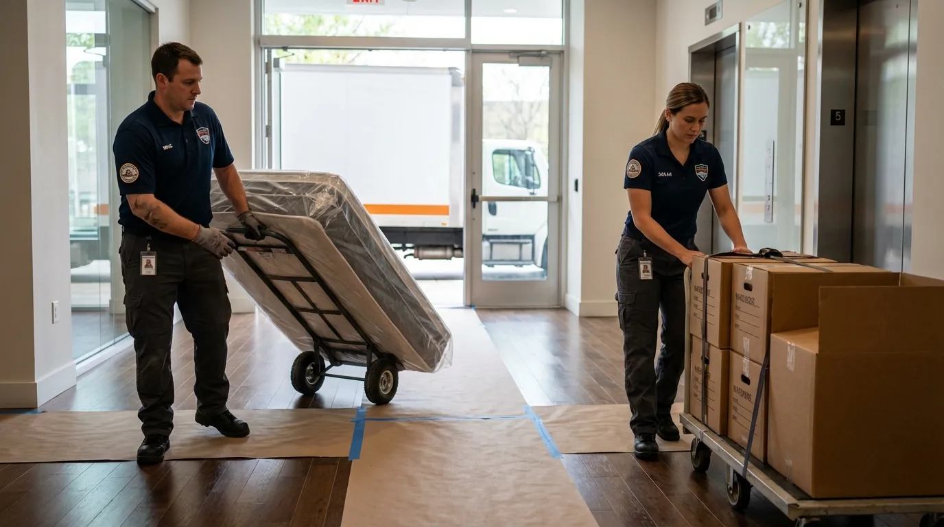 Professional apartment movers loading elevator in Wellsville, UT