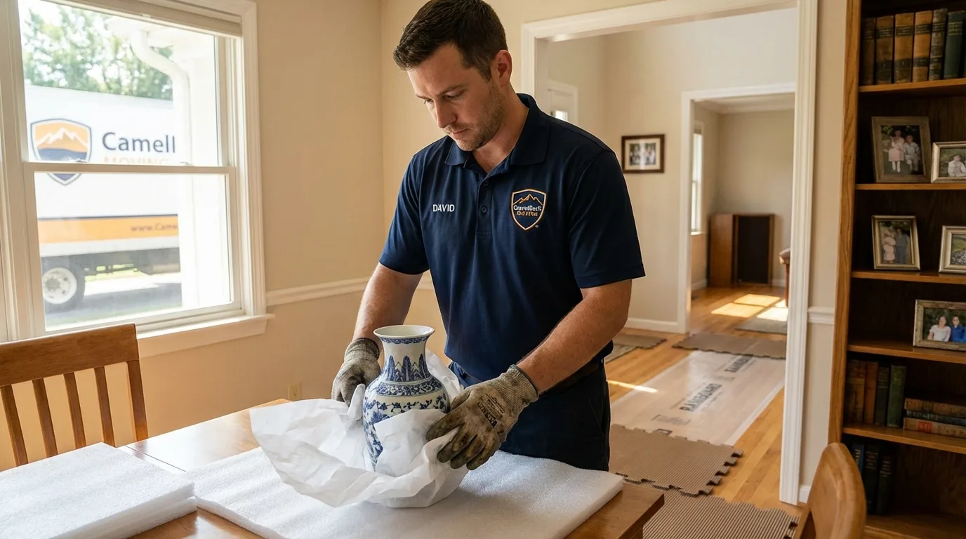 Professional crew carefully wrapping antique vase for senior downsizing move in Wellsville, UT